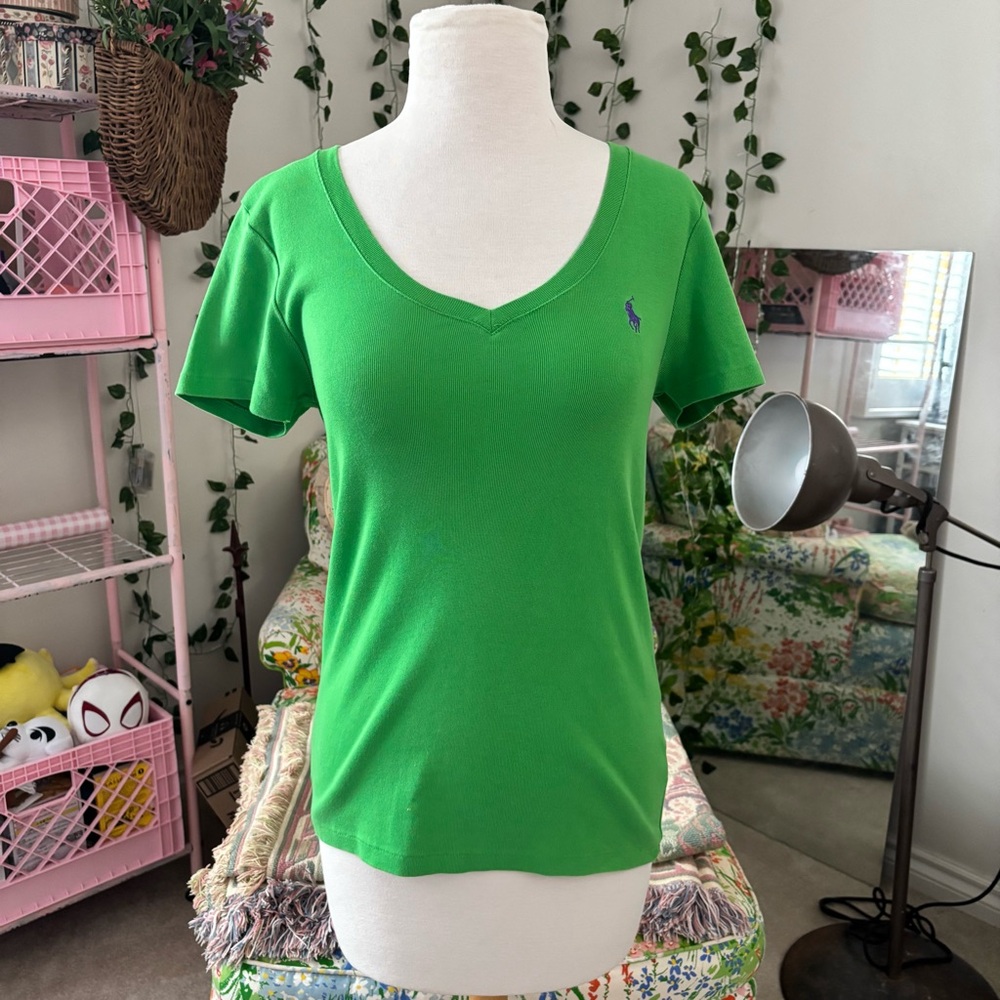 Ralph Lauren Sport Green V Neck Tee Women’s Large Cotton Polo Logo Top